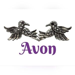 Vintage 1994 Avon Marcasite Hummingbird Stud Piereced Earrings Silver-Purple
